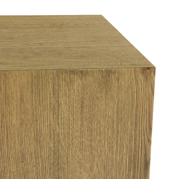 Close-up of natural wood square end table top with distinct vertical grain