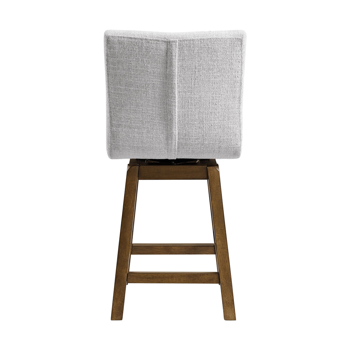 Gray upholstered counter-height stool with dark brown wooden legs and square back