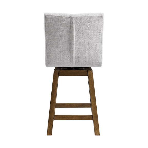 Gray upholstered counter-height stool with dark brown wooden legs and square back
