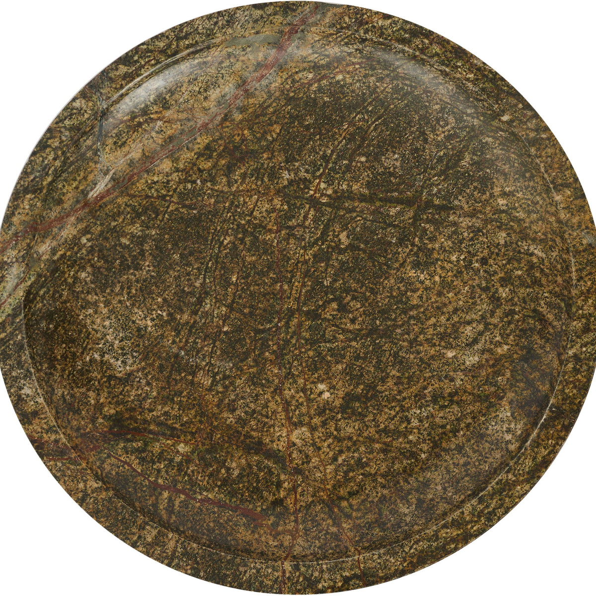 Green-brown marble bowl top view with dense mottled veining