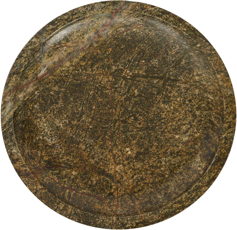 Green-brown marble bowl top view with dense mottled veining