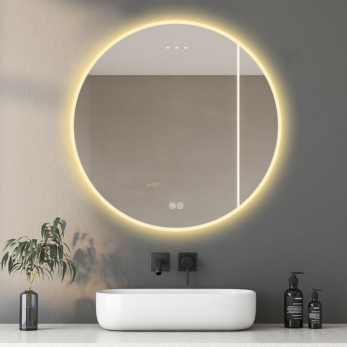 Round LED bathroom mirror with warm LED halo ring and anti-fog glass, touch icons