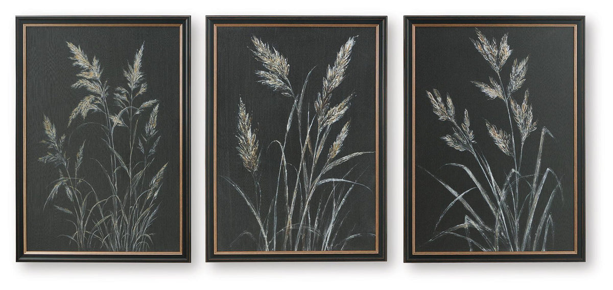 Set of three framed botanical leaf prints, dark background with pale white-gold stems