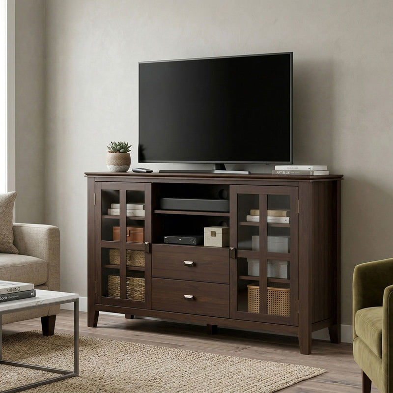 Tall TV media stand in aged brown wood with cabinet doors and open shelving