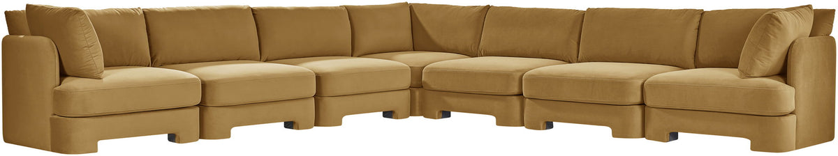Beige velvet corner sectional sofa with tufted cushions and wide chaise-style arm