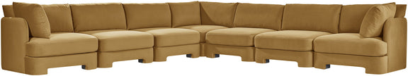 Beige velvet corner sectional sofa with tufted cushions and wide chaise-style arm