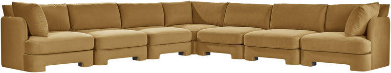 Beige velvet corner sectional sofa with tufted cushions and wide chaise-style arm
