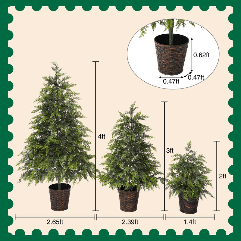 Three potted artificial Christmas trees in 4, 3, and 2 ft heights, with woven bases.