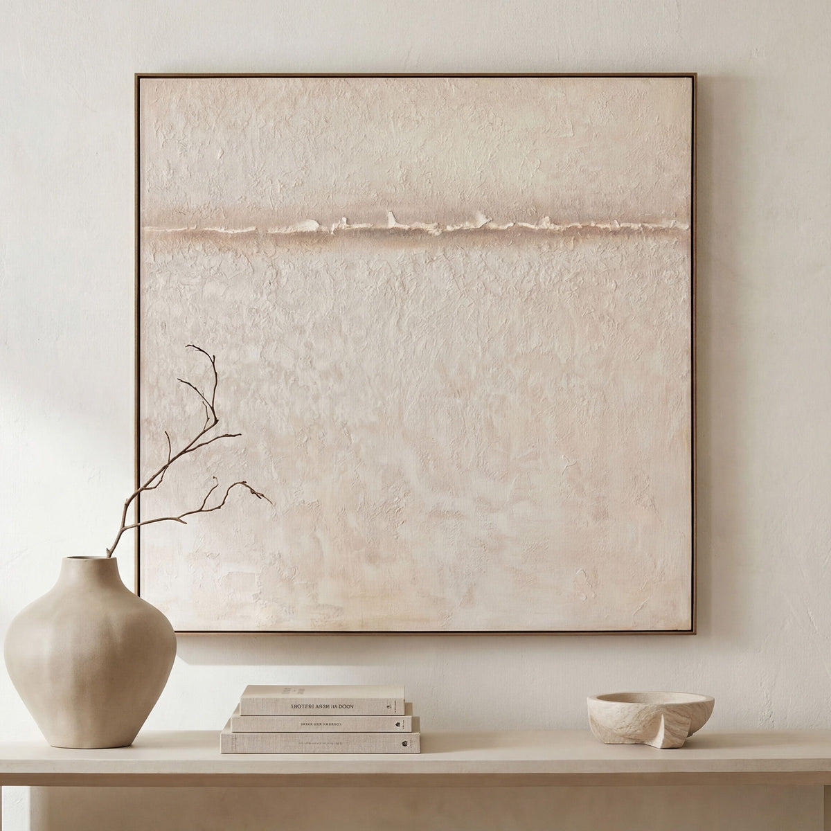 Large framed abstract wall art with light beige background and horizontal tan line