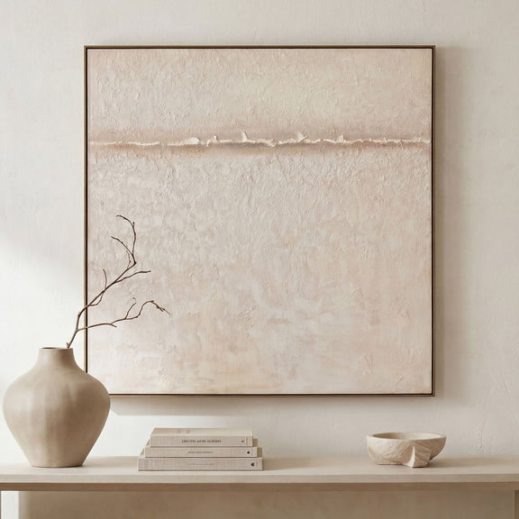 Large framed abstract wall art with light beige background and horizontal tan line