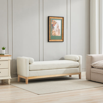 66.34'W Elegant Upholstered Bench, Daybed, Ottoman with Nature Wood Legs & 2 Bolster Pillows for End of Bed, Bedroom, Living Room, Entryway, Ivory Boucle