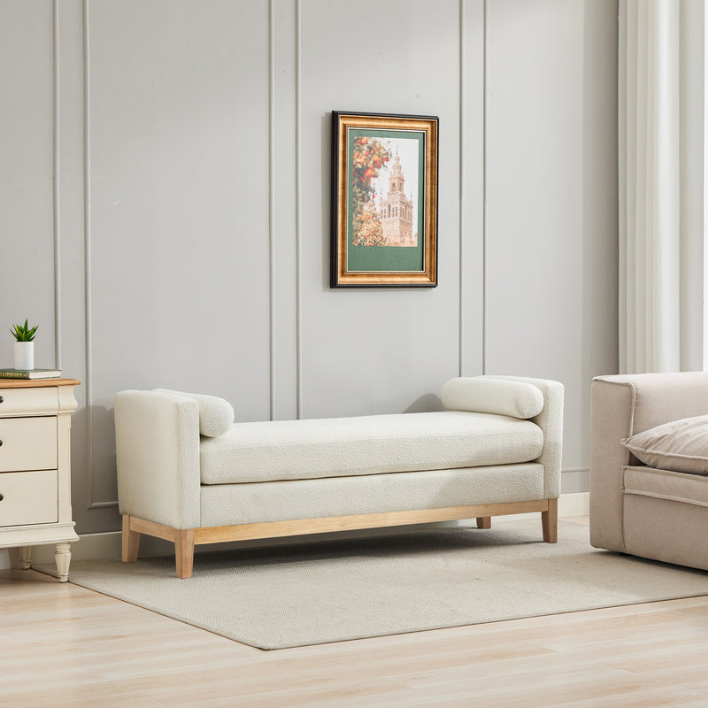 66.34'W Elegant Upholstered Bench, Daybed, Ottoman with Nature Wood Legs & 2 Bolster Pillows for End of Bed, Bedroom, Living Room, Entryway, Ivory Boucle