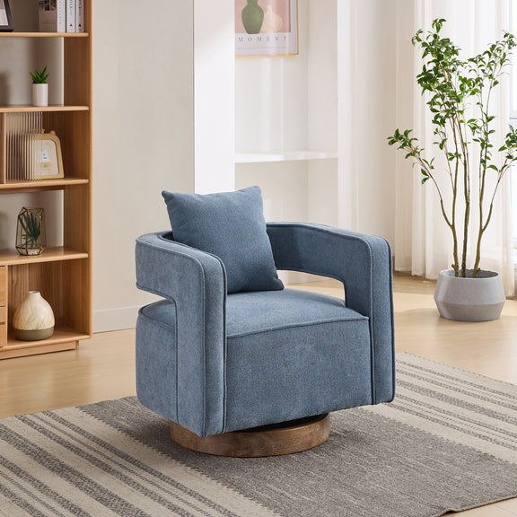 Pale blue linen-blend upholstered swivel accent armchair with rounded arms and wooden base