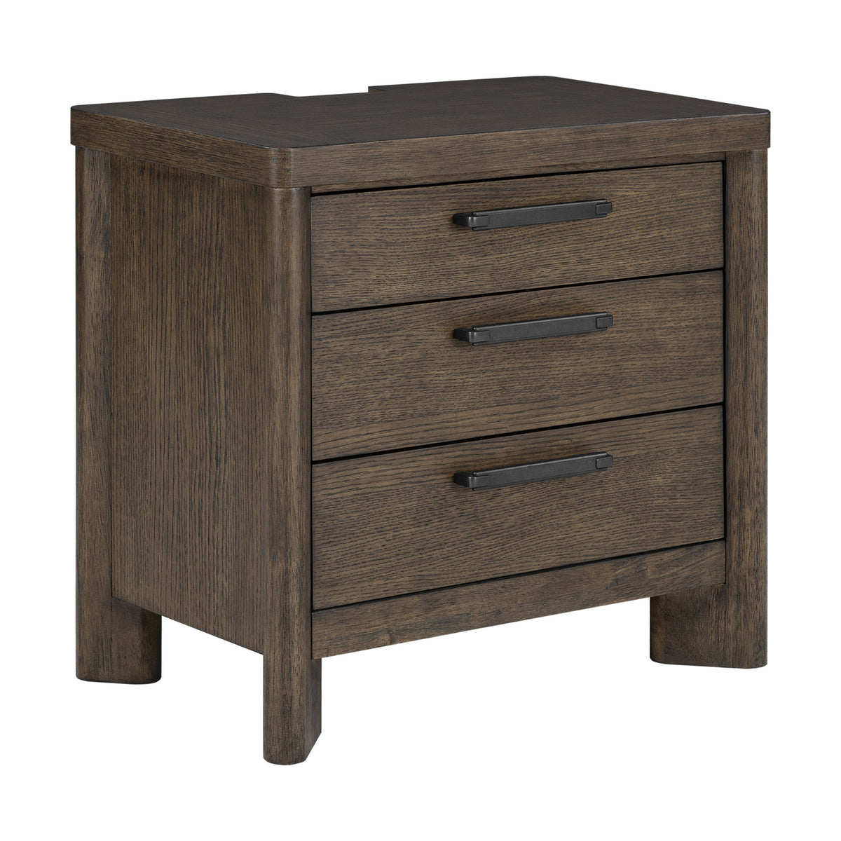 Dark oak 3-drawer nightstand with bar pulls and smooth tabletop, corner view