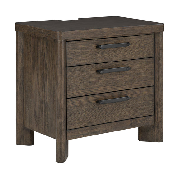 Dark oak 3-drawer nightstand with bar pulls and smooth tabletop, corner view