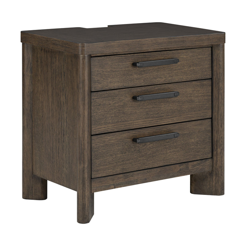Dark oak 3-drawer nightstand with bar pulls and smooth tabletop, corner view