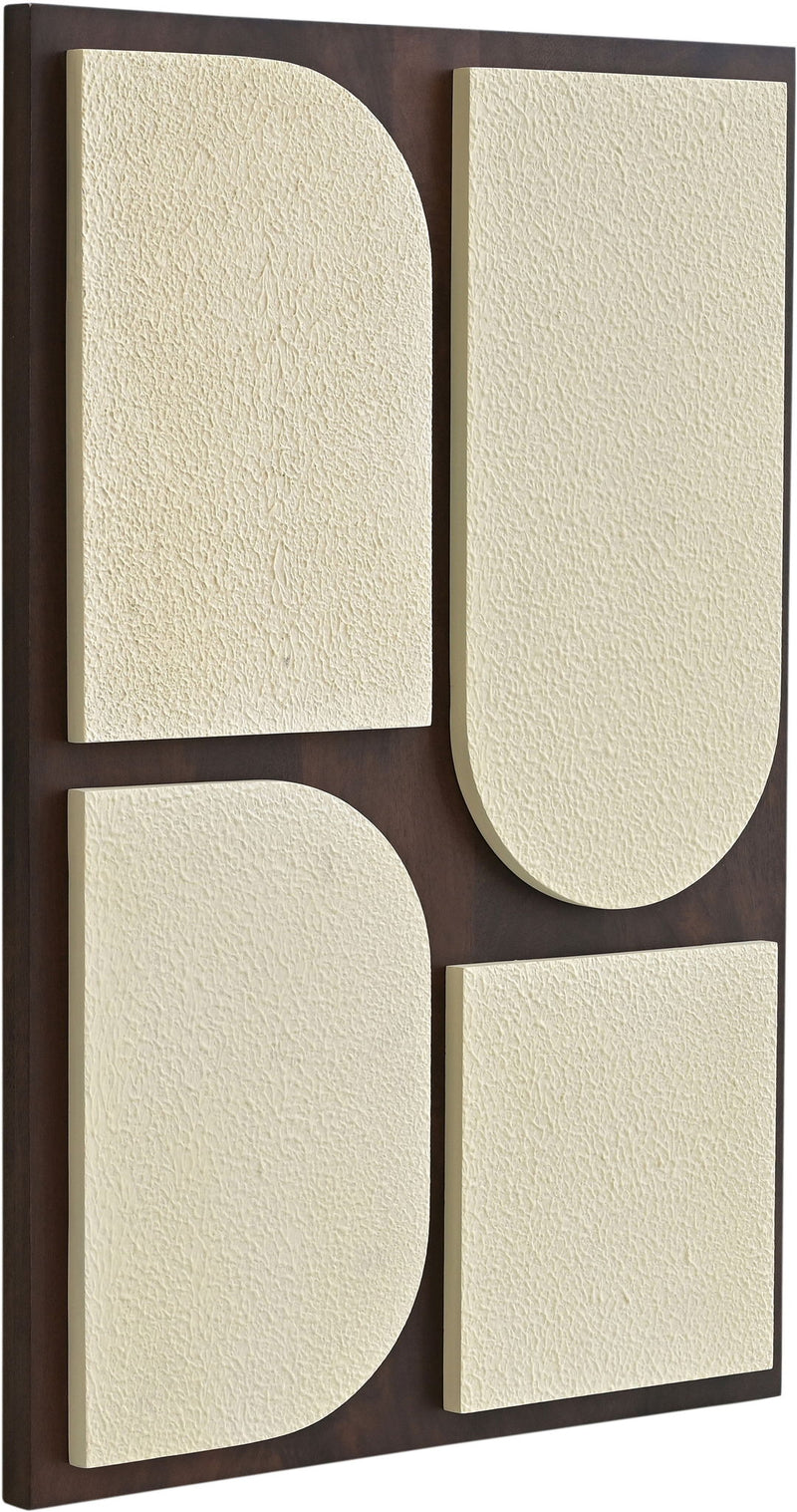 Wood wall art panel with dark brown frame and textured cream abstract cutout shapes
