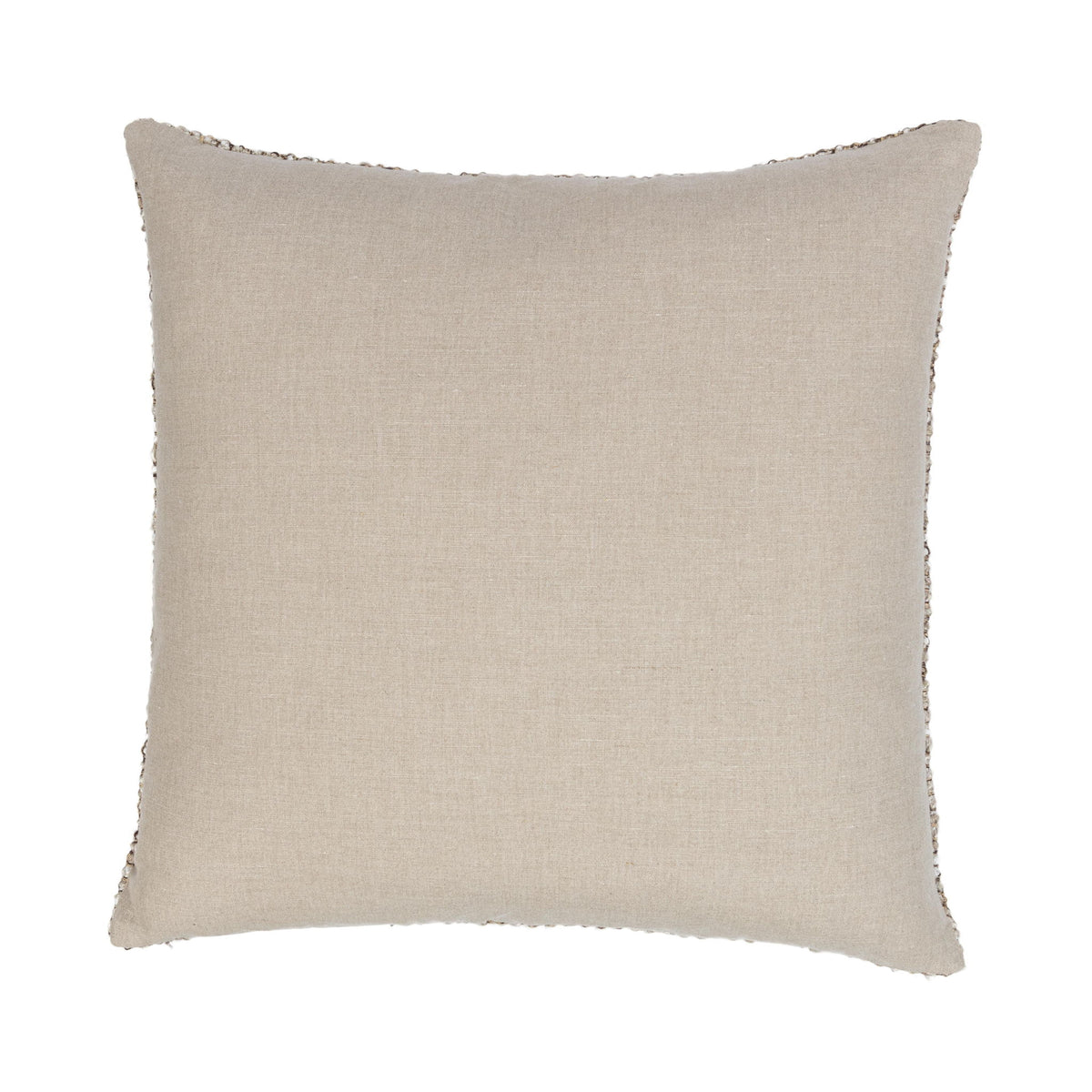 Natural linen-look throw pillow, solid light tan fabric with stitched border.