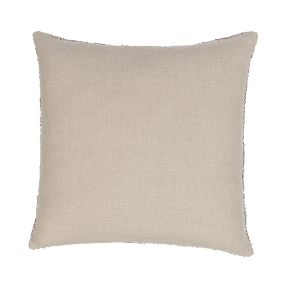 Natural linen-look throw pillow, solid light tan fabric with stitched border.