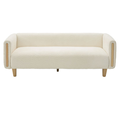 Beige 3-seater sofa with rounded arms, wood legs, and upholstered seat/back.