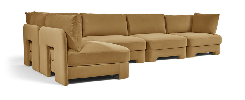 Tan velvet performance sectional sofa, 5-piece L-shape with chaise end
