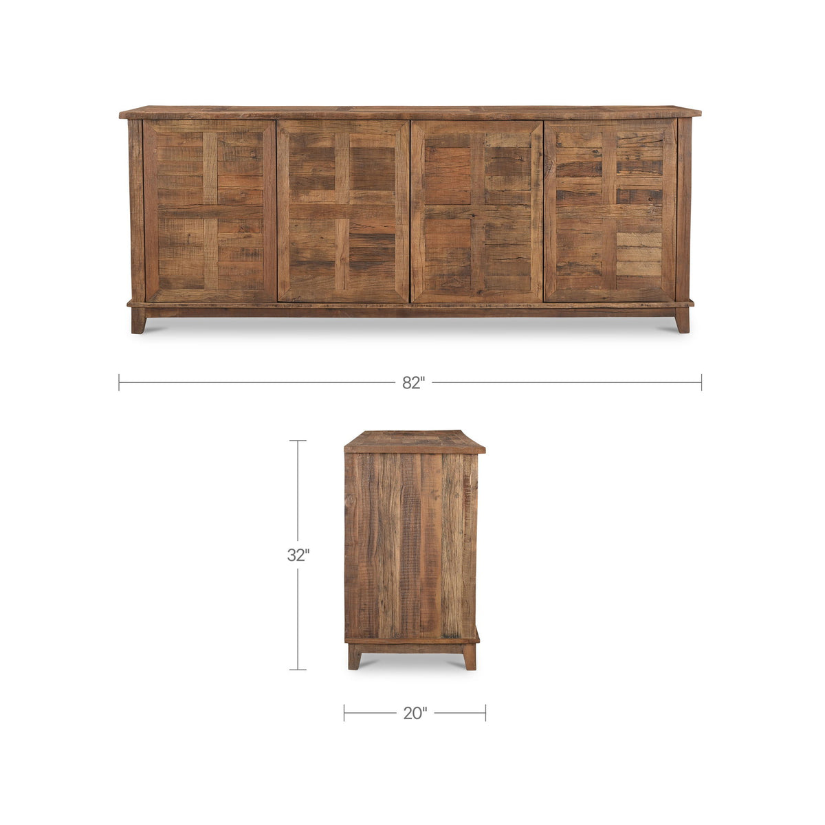 Brown wooden sideboard front view with dimensions: 82 in wide, 32 in high.