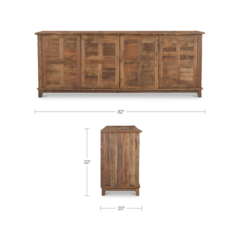 Brown wooden sideboard front view with dimensions: 82 in wide, 32 in high.