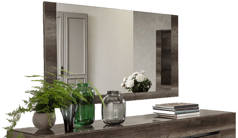 Dark brown wall-mounted buffet dining room mirror with rectangular frame.