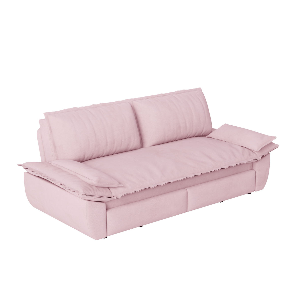 Pink pull-out sofa bed with three cushions and folded backrest