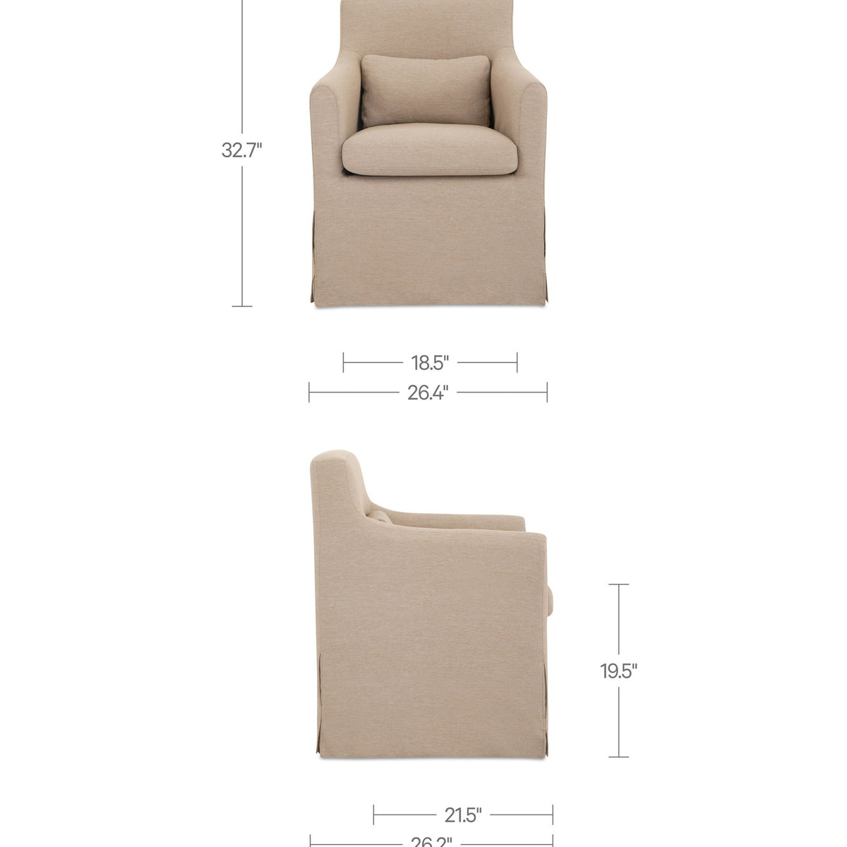 Light brown slipcovered dining chair with armrests, seat cushion, and back panel