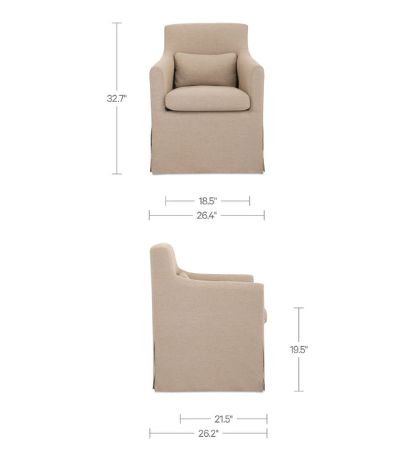 Light brown slipcovered dining chair with armrests, seat cushion, and back panel