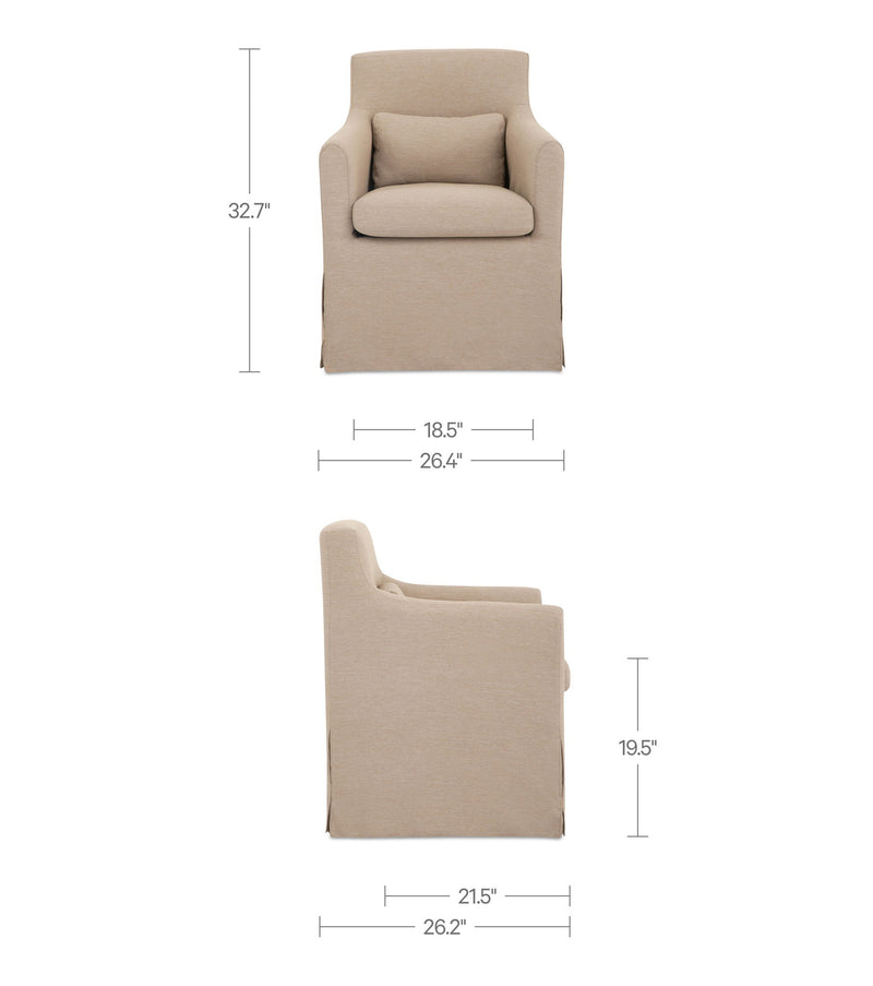 Light brown slipcovered dining chair with armrests, seat cushion, and back panel