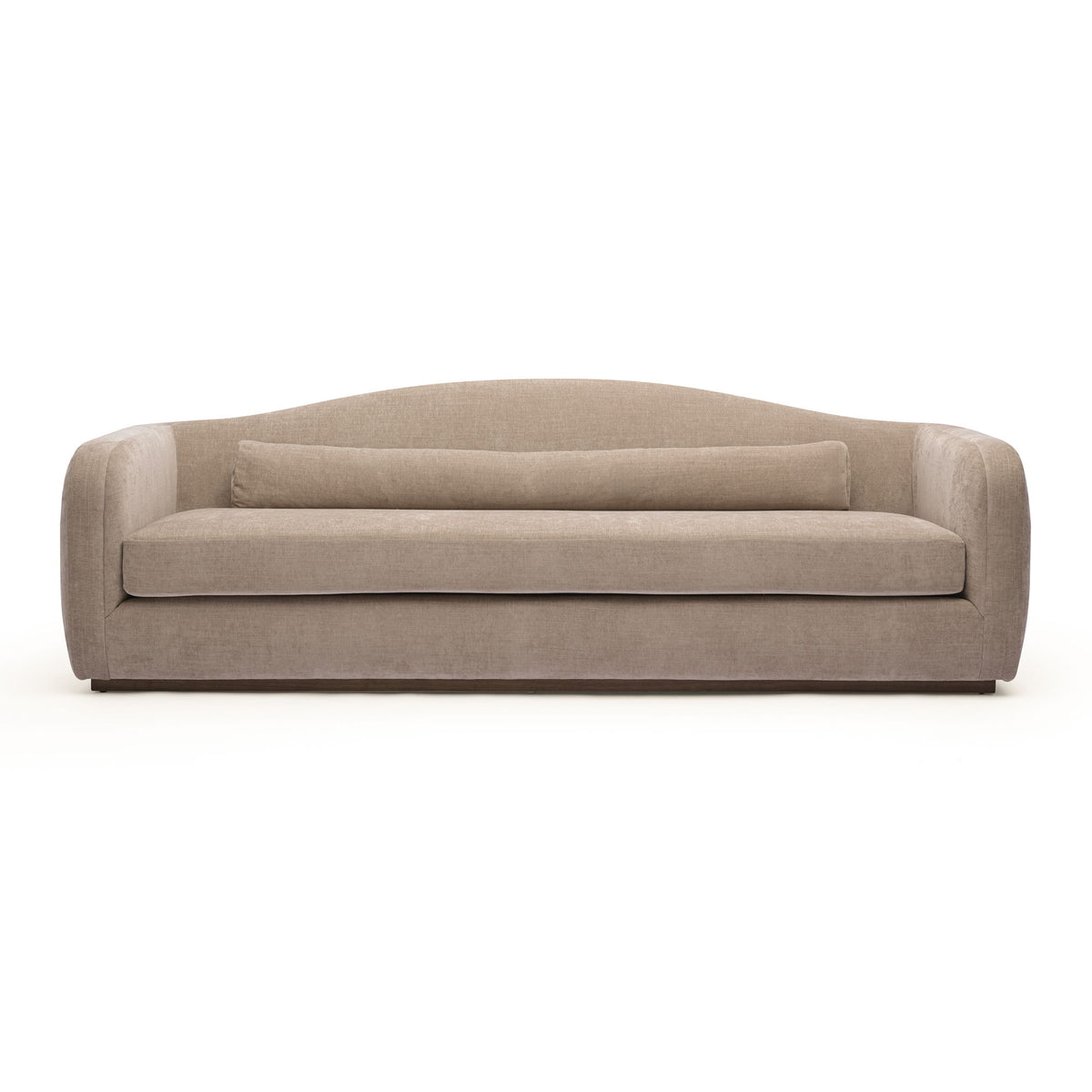 Beige fabric sofa with rounded arms, low back cushion and single seat cushion