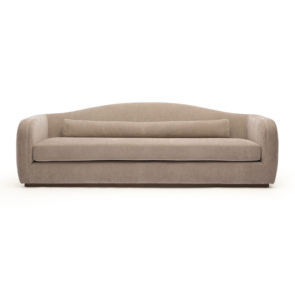 Beige fabric sofa with rounded arms, low back cushion and single seat cushion