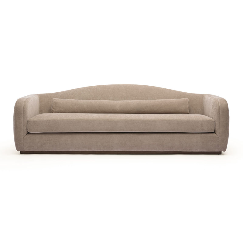 Beige fabric sofa with rounded arms, low back cushion and single seat cushion