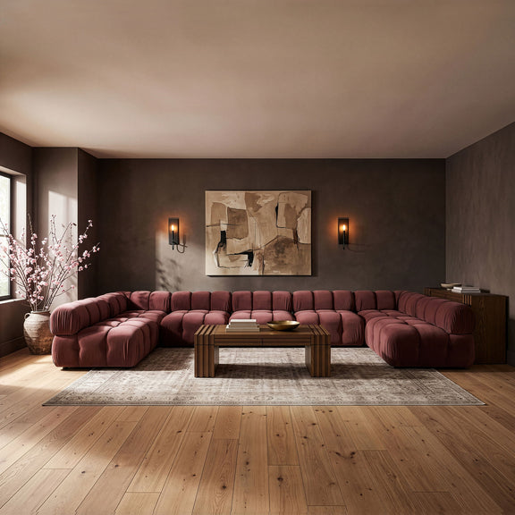 Burgundy modular U-shaped sectional sofa with tufted seat cushions and corner modules
