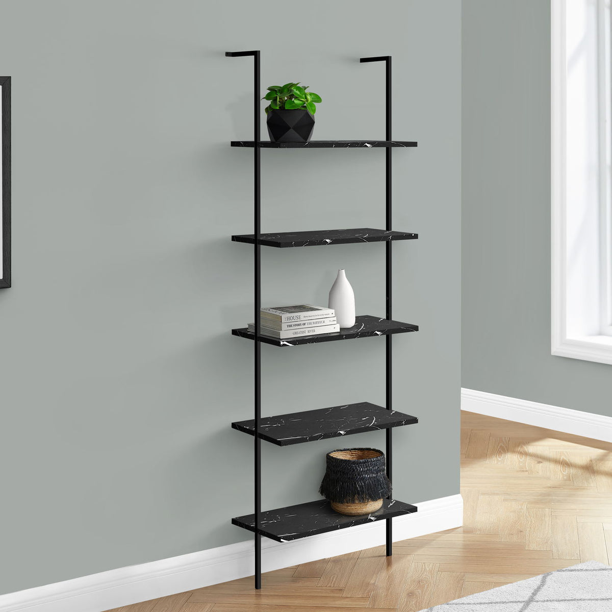 Bookshelf, Bookcase, Etagere, Ladder, 5 Tier, For Office, Marble Look Contemporary & Modern