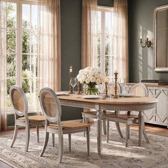Oval dining table with wood top and gray legs in a dining setup