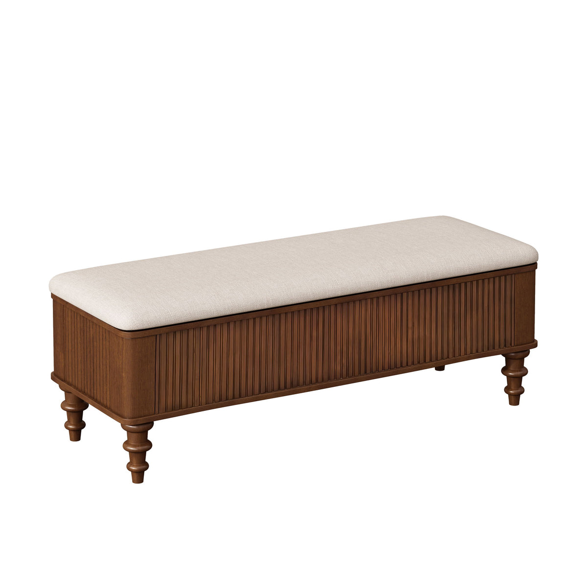 Storage ottoman bench with beige upholstered top and dark brown slatted frame, legs.