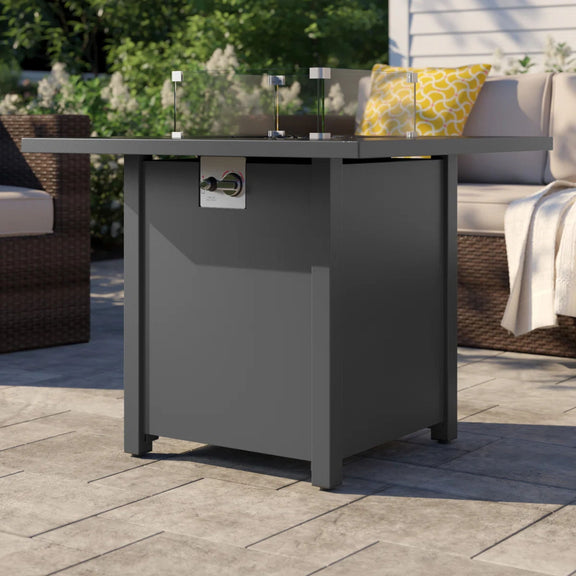 Powder-coated fire pit with lid closed and side control panel