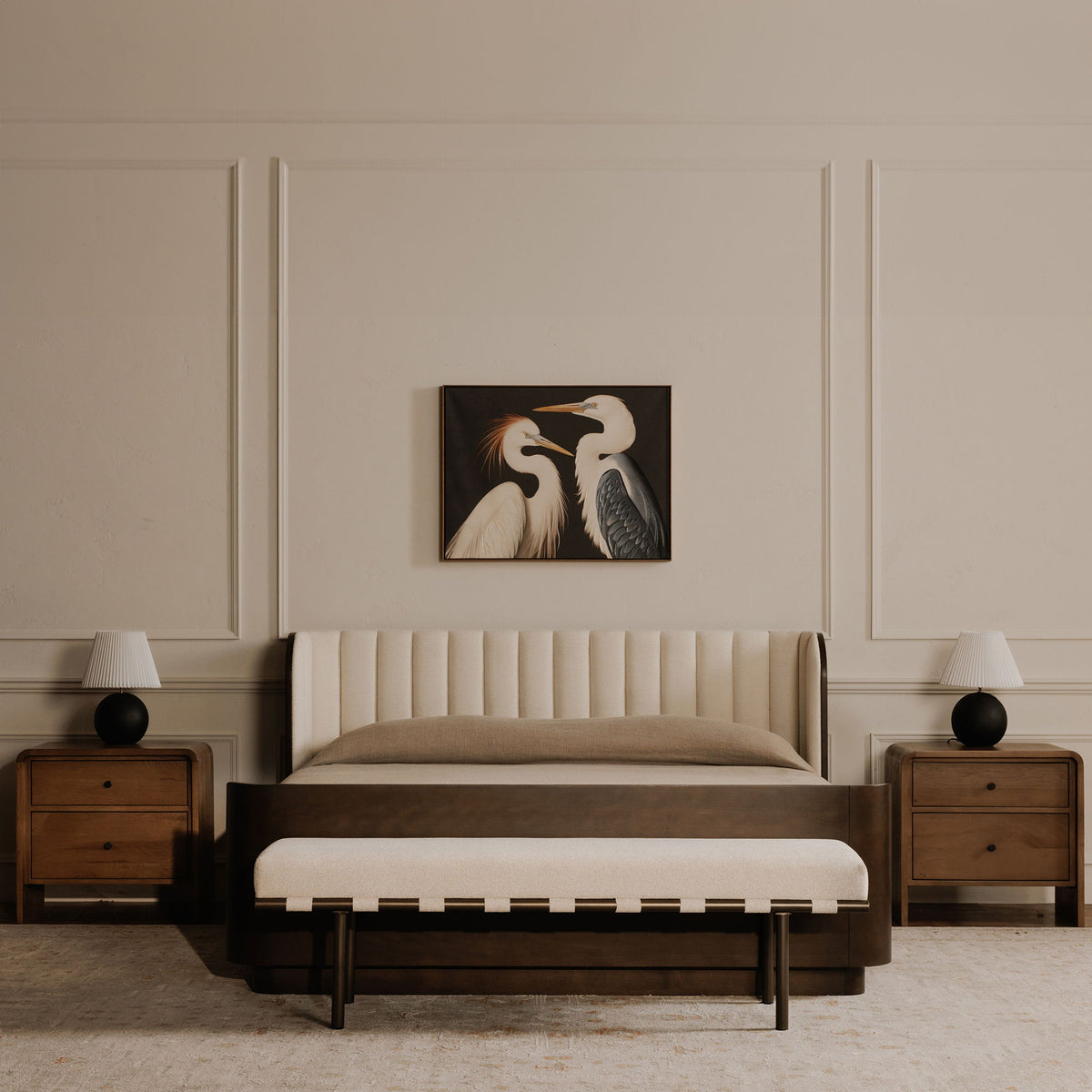 Beige upholstered dining bench with a cushioned seat and slim dark legs, shown at the foot of a bed
