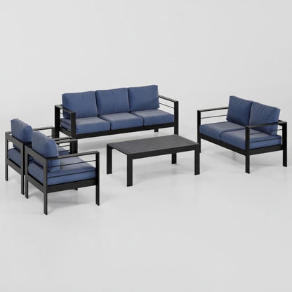 Outdoor patio seating set with dark frame and blue cushions: sofa, 2 chairs, coffee table