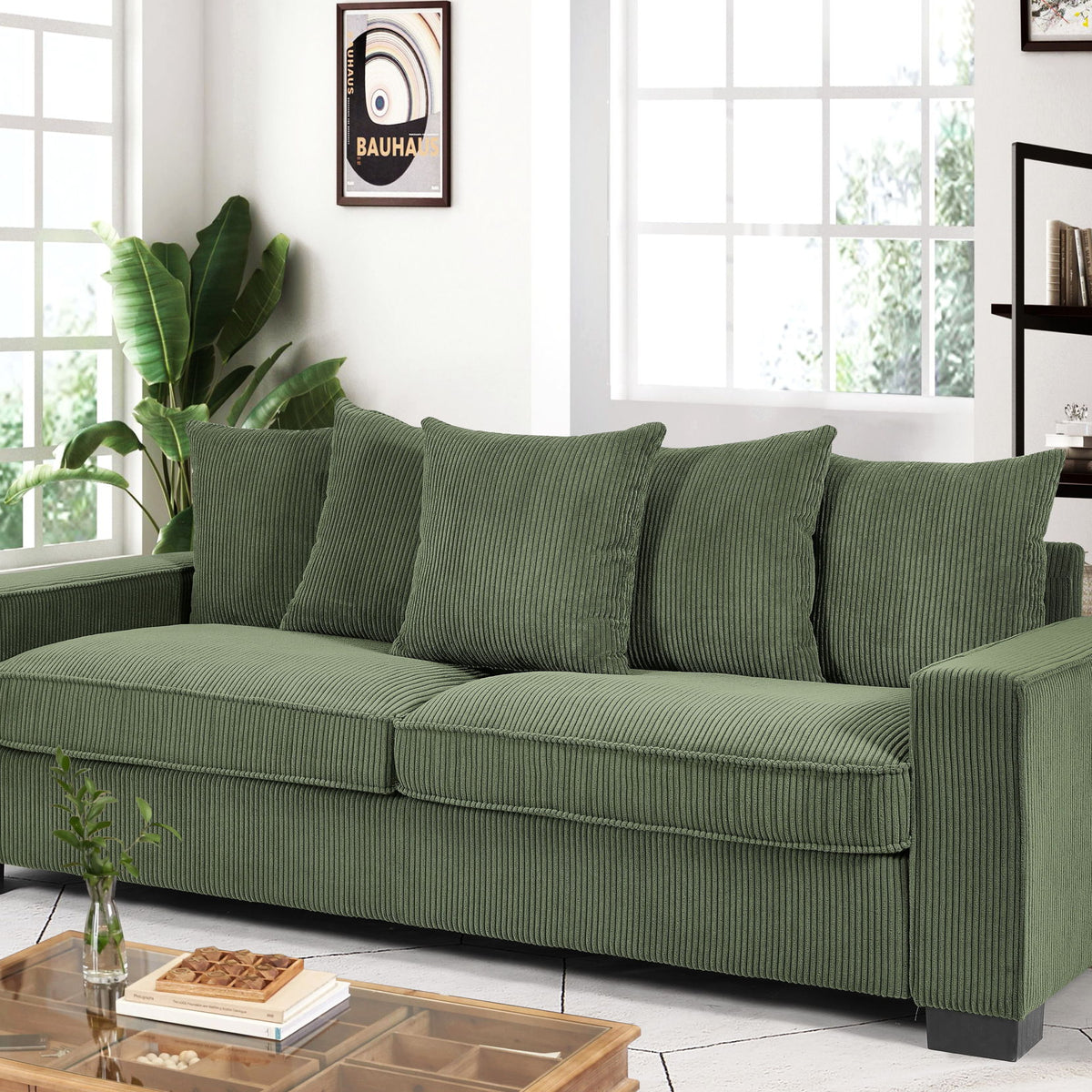 Luxe Corduroy Sofa With 5 Matching Toss Pillows, Sleek Design, Spacious And Comfortable 3 Seater Couch
