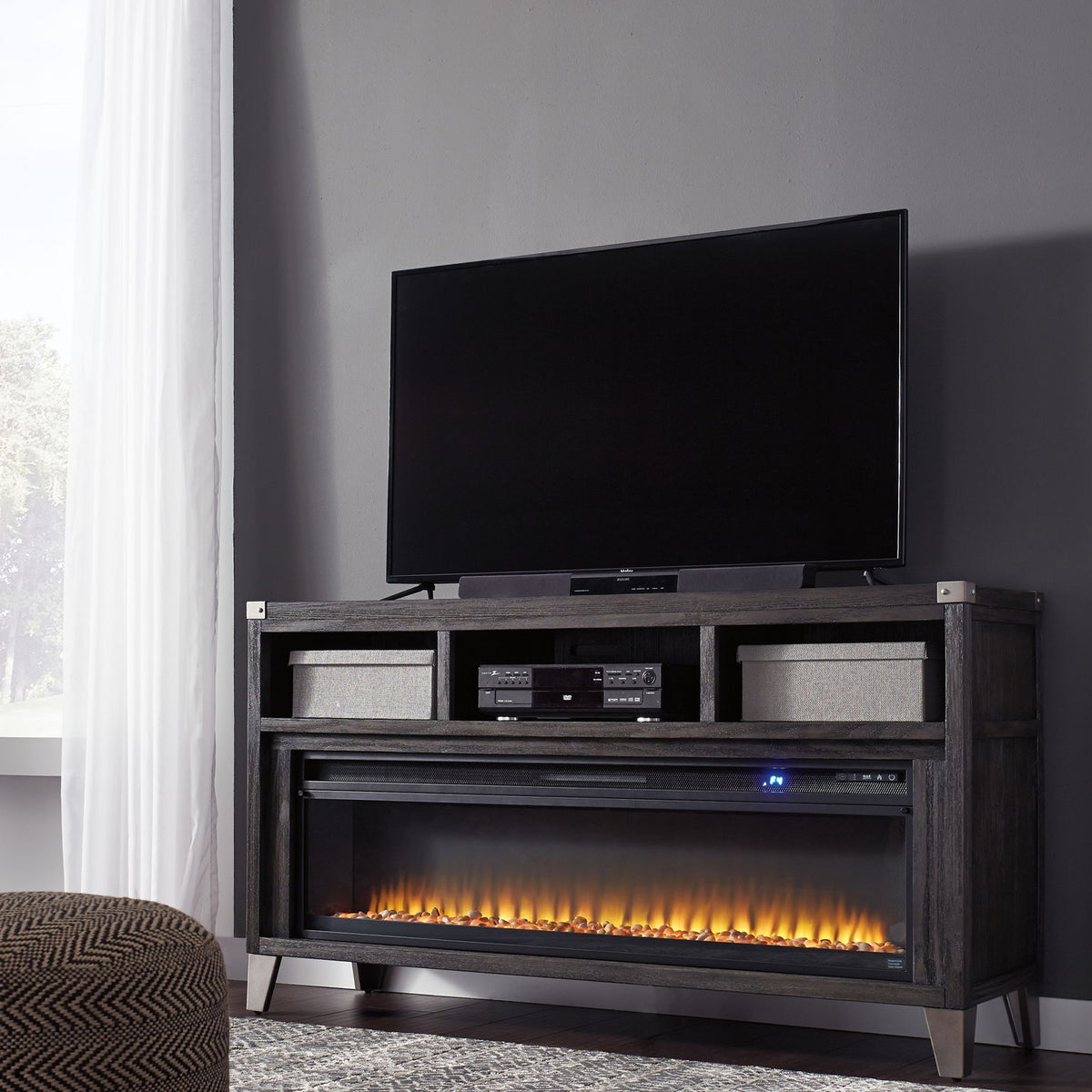 Todoe - 2 Pc. - 65" TV Stand With Wide Fireplace Insert - Gray