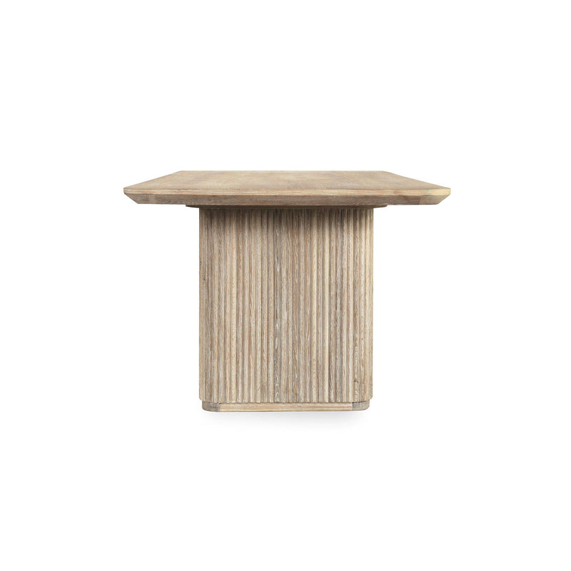 Wood dining table with column-style ribbed leg, cream-washed finish, 84 in.