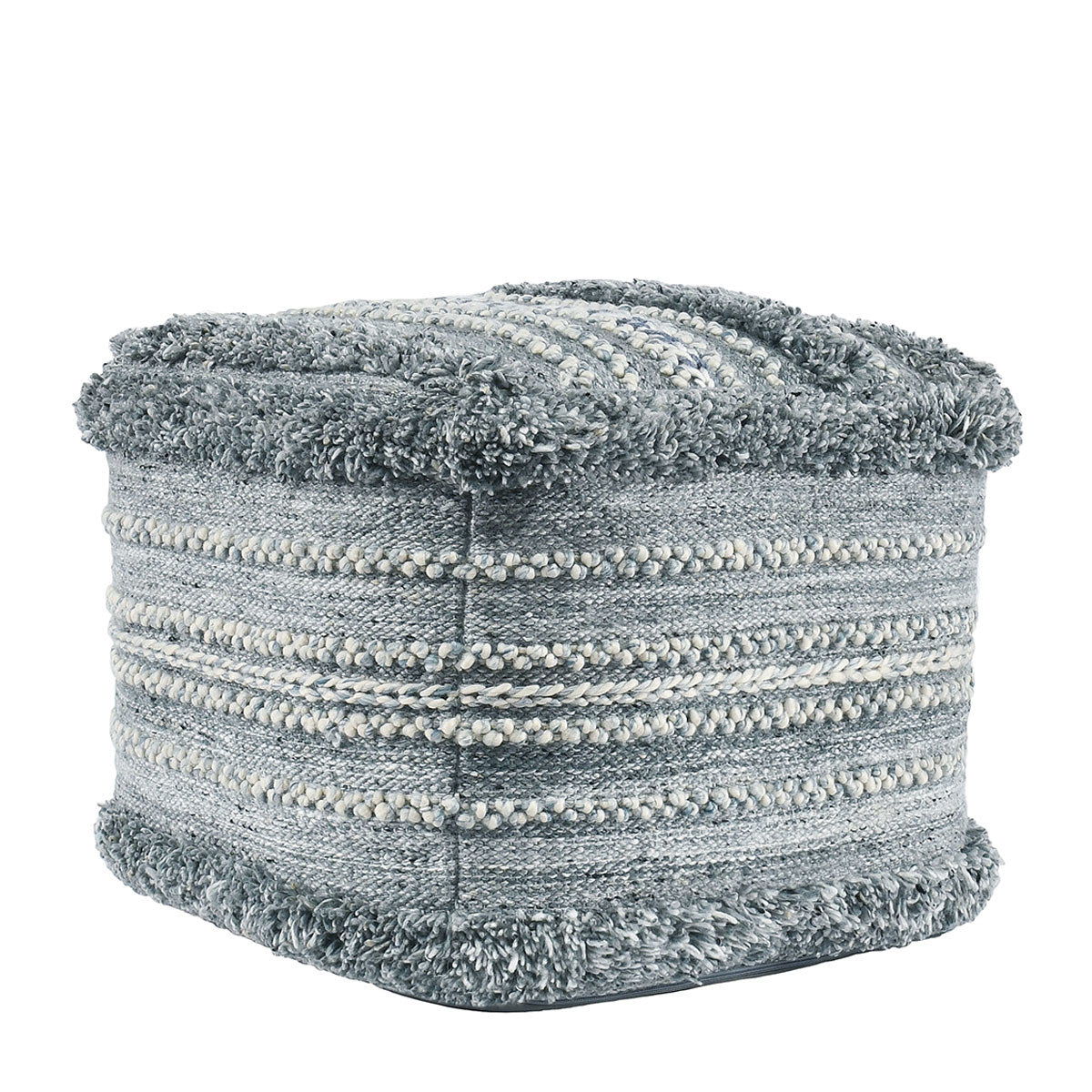 Blue woven pouf ottoman with striped design and fringed top