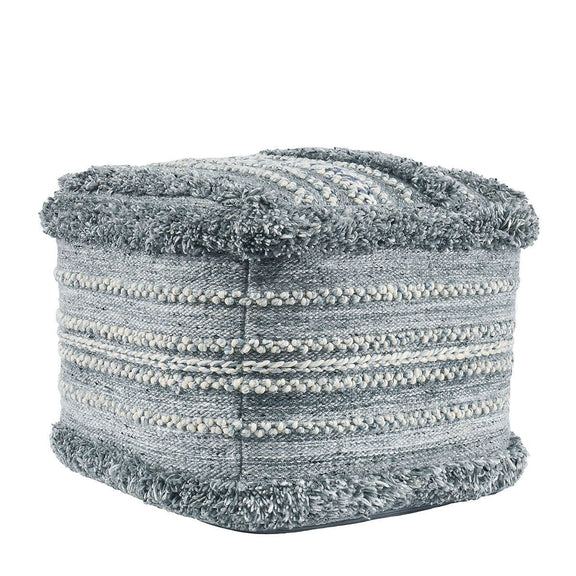Blue woven pouf ottoman with striped design and fringed top