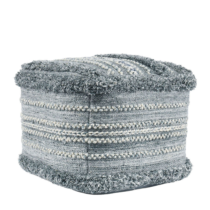 Blue woven pouf ottoman with striped design and fringed top