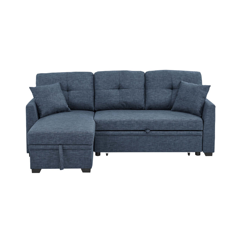 Blue upholstered sectional sofa with tufted back cushions and chaise