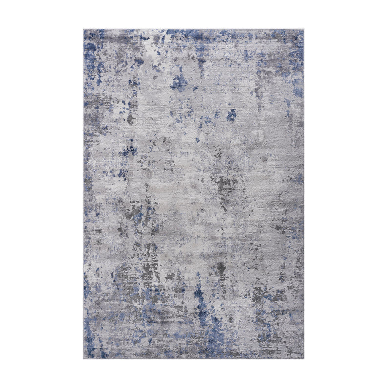 Rectangular abstract area rug, silver-gray with blue distressed blotches and speckles